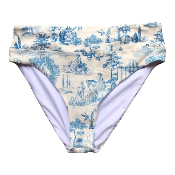 Gianni Bini NWT Ivory And Blue Historical Print High Waist Bikini Bottoms XL - Picture 1 of 12